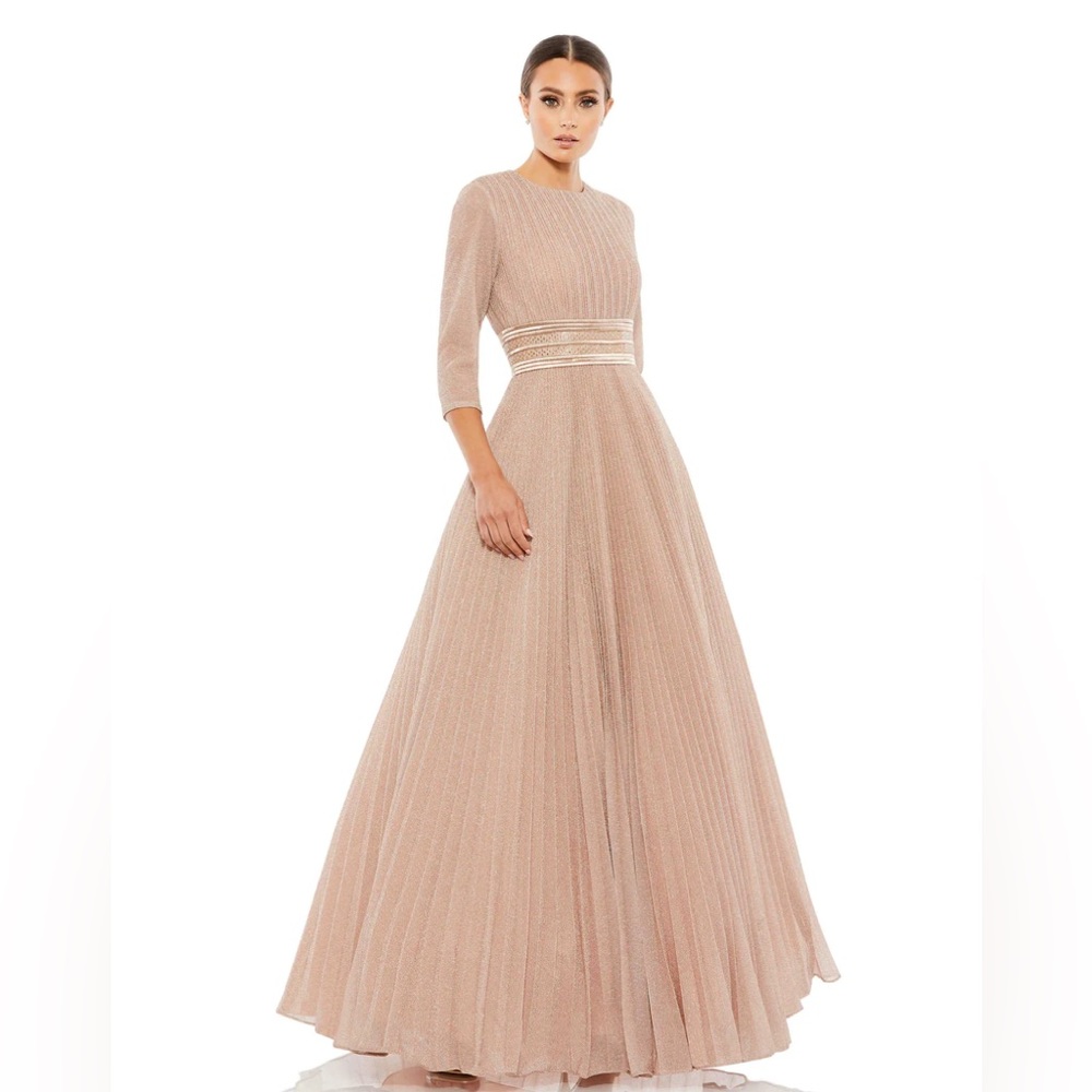Mac Duggal‎ Shimmering Pleated A-Line 3/4 Sleeve Rose Gold Ballgown NWT